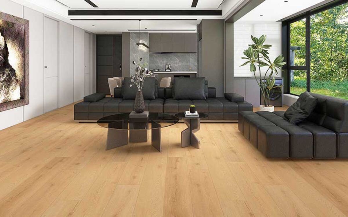 Warm wood-look WPC plank flooring detail